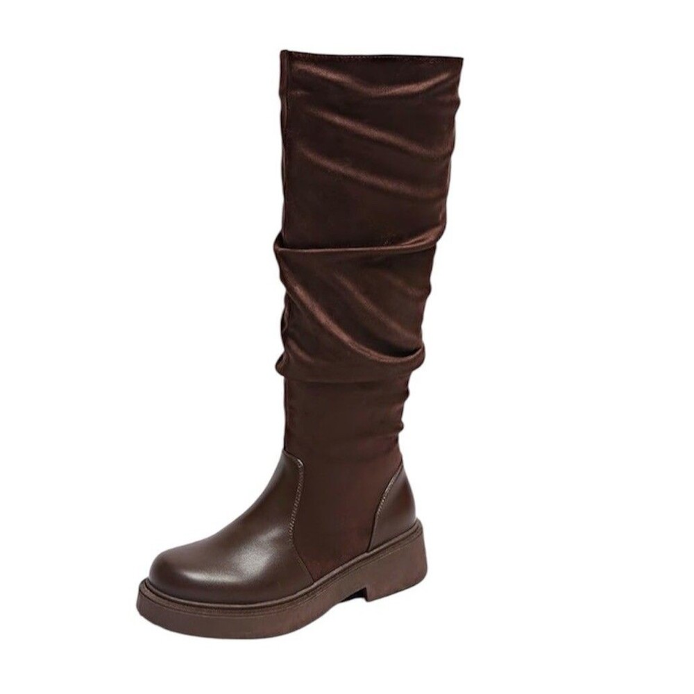 Women's Fashion Thick Heel Riding Boots Brown Side Zipper Durable Elegant 7.5